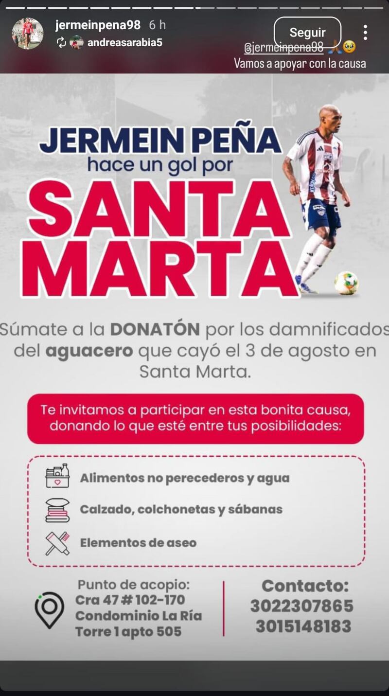 Jermein Peña donaciones para afectados en Santa Marta