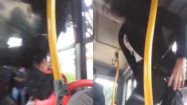 Foto mujer malabarista en TransMilenio sorprendió con patada voladora a otro usuario en medio de una discusión.