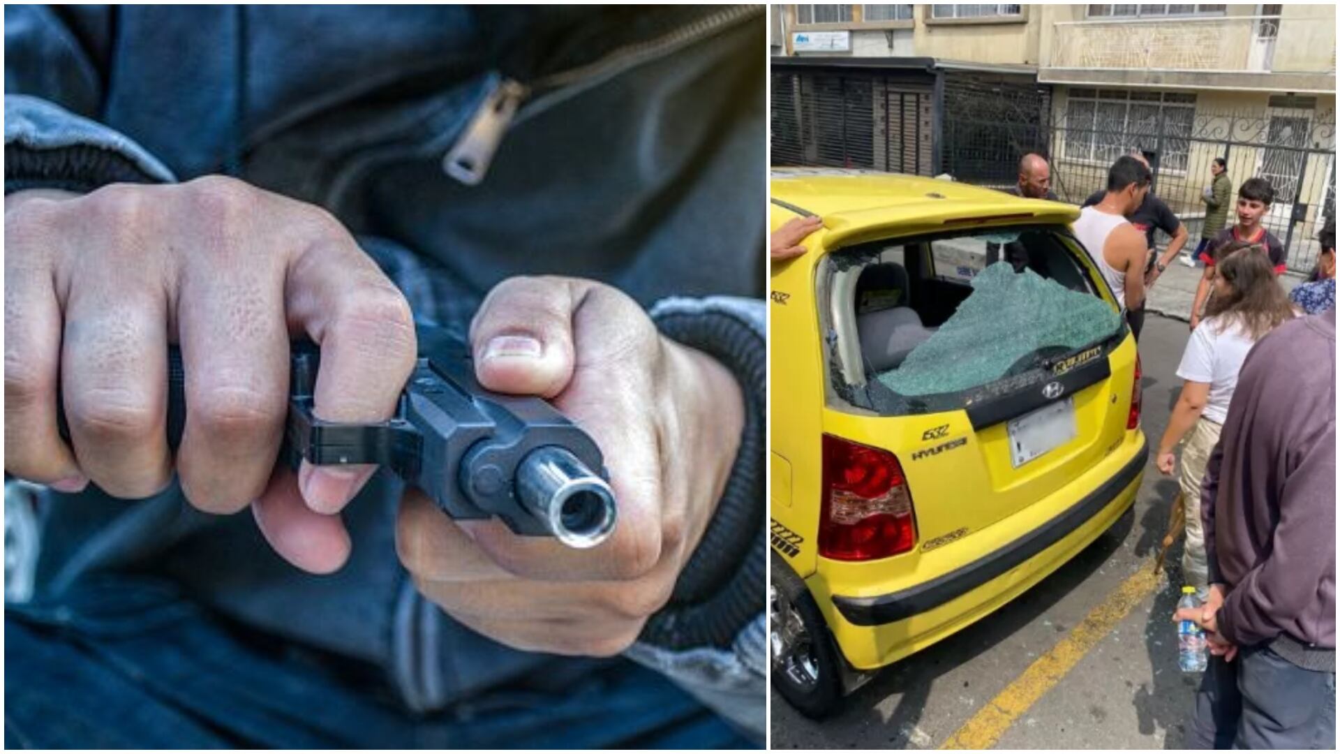 Balacera cerca del CAI de Galerías en Bogotá deja varios heridos, posible intento de sicariato (Imagen de referencia de una pistola y del taxi con los vidrios rotos que estaría implicado en el caso)