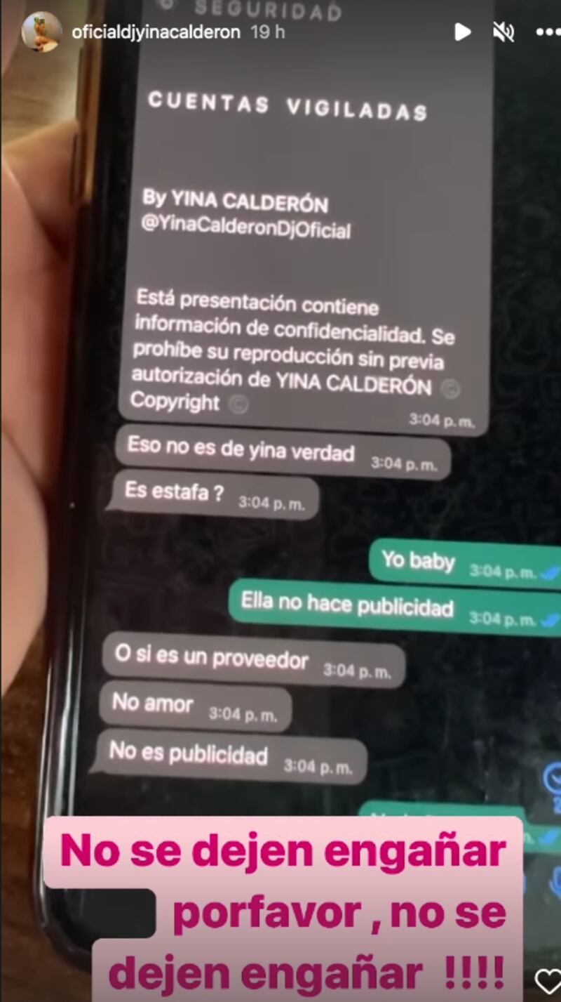 yina calderón pantallazo tomado de Instagram
