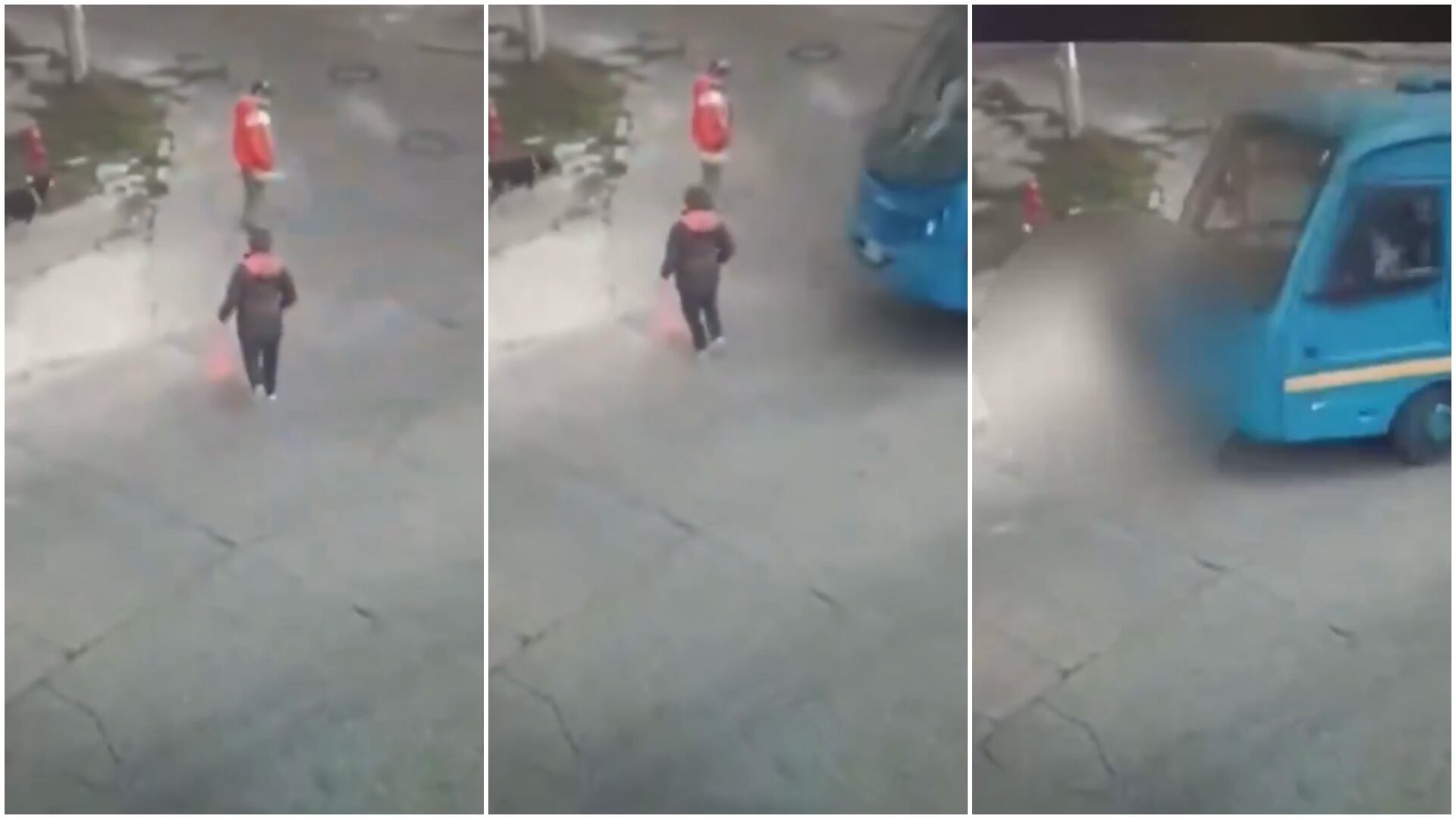 En la imagen se ve una secuencia de cuando la adulta mayor está cruzando la calle y aparece el Bus del SITP que la atropella