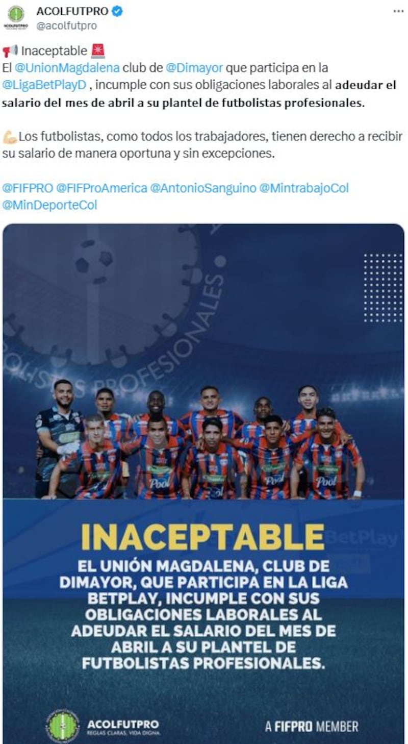 No solo Cali, otro club de la liga colombiana está colgado con el sueldo a sus futbolistas