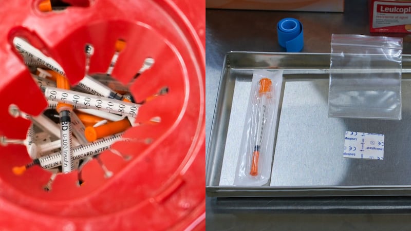 El ciclo de reducción de daños: a la izquierda el descarte seguro de agujas usadas y a la derecha el acceso gratuito a material estéril para prevenir enfermedades por consumo de drogas irresponsable.