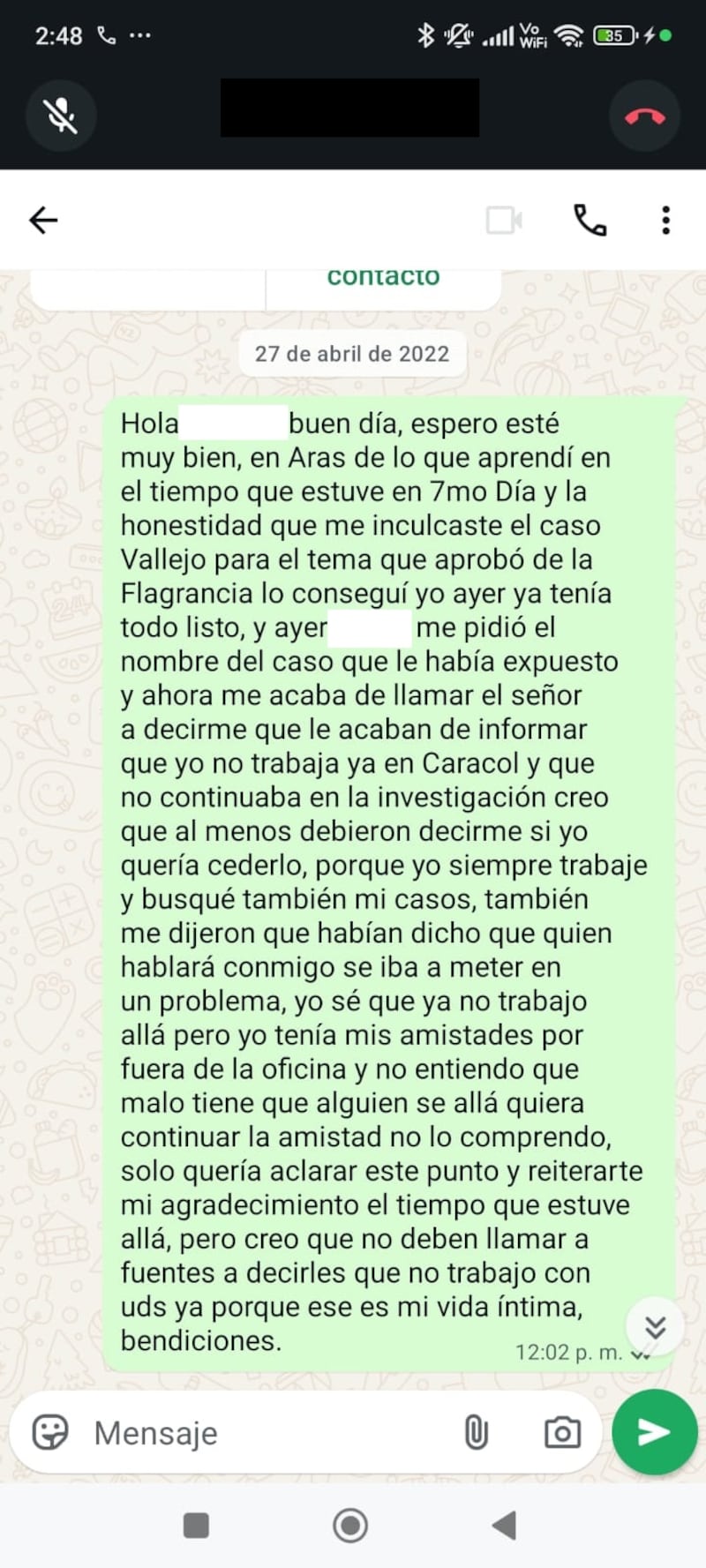 Chat denuncia acoso laboral en Séptimo Día.