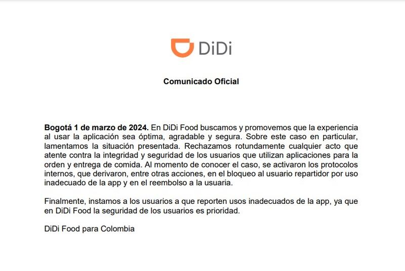 Comunicado DiDi Food.