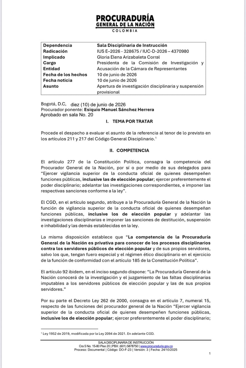 Procuraduría suspendió e investiga a Gloria Arizabaleta por pedir la suspensión de Petro