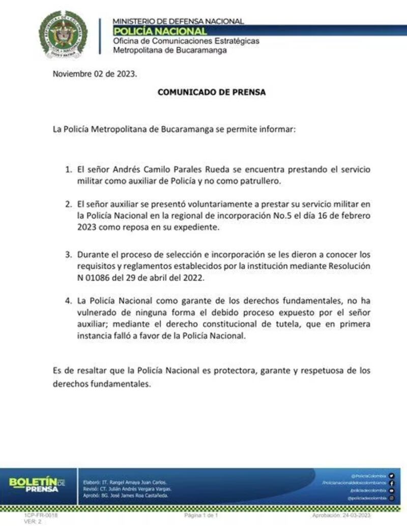 Comunicado de prensa de la Policía sobre el joven satánico (Policía de Bucaramanga)