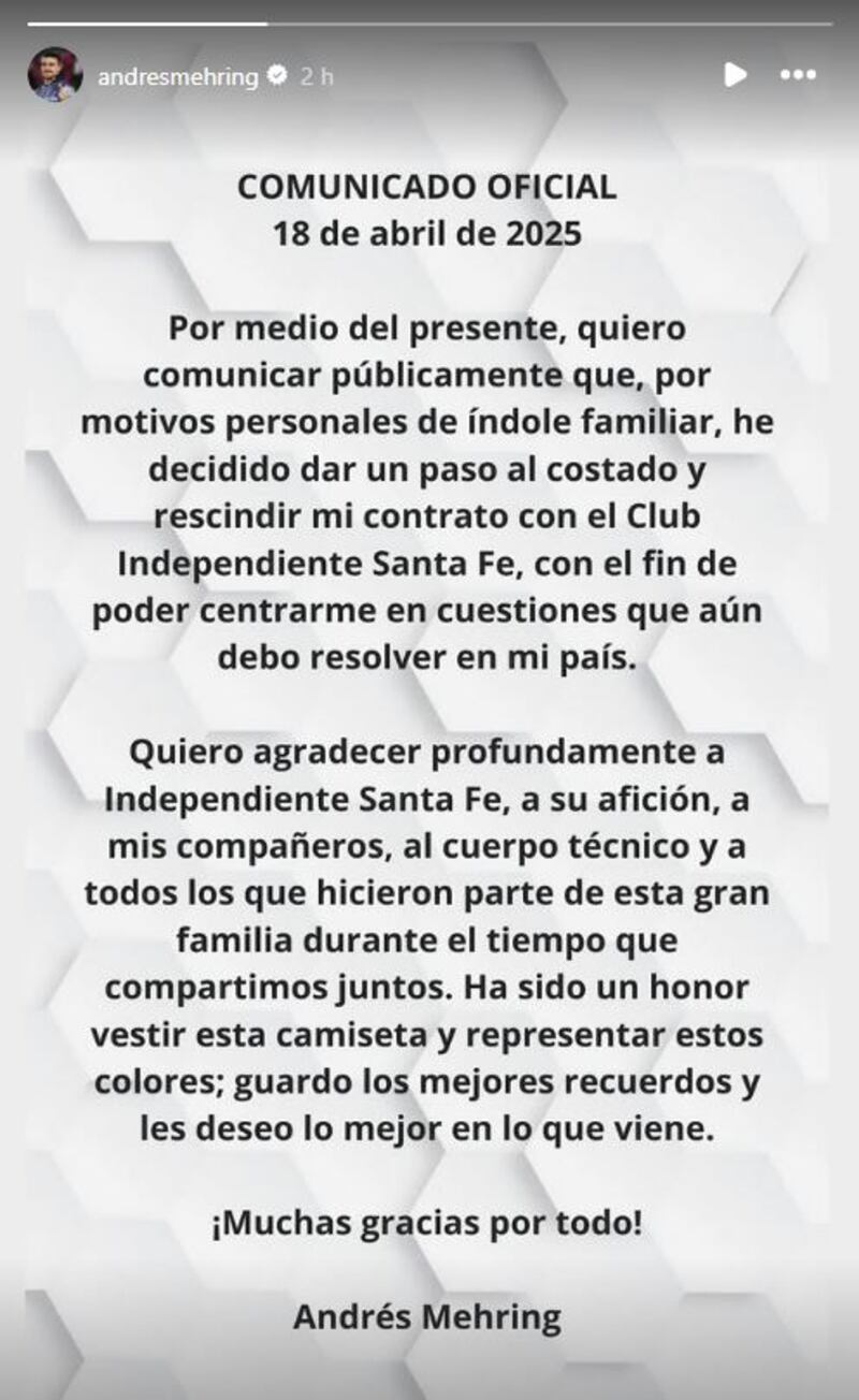 Andrés Mehring dio detalles de su renuncia a Independiente Santa Fe: “cuestiones por resolver”