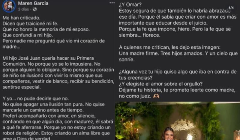 Maren García se defiende por haber dejado que su hijo hiciera la primera comunión