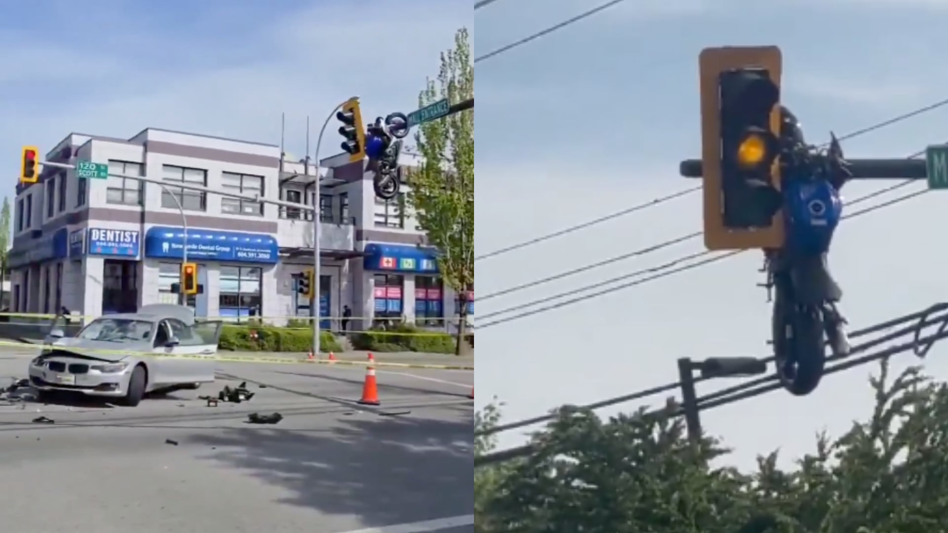 Impresionante accidente de tránsito: Moto termina colgada de un semáforo tras choque en intersección