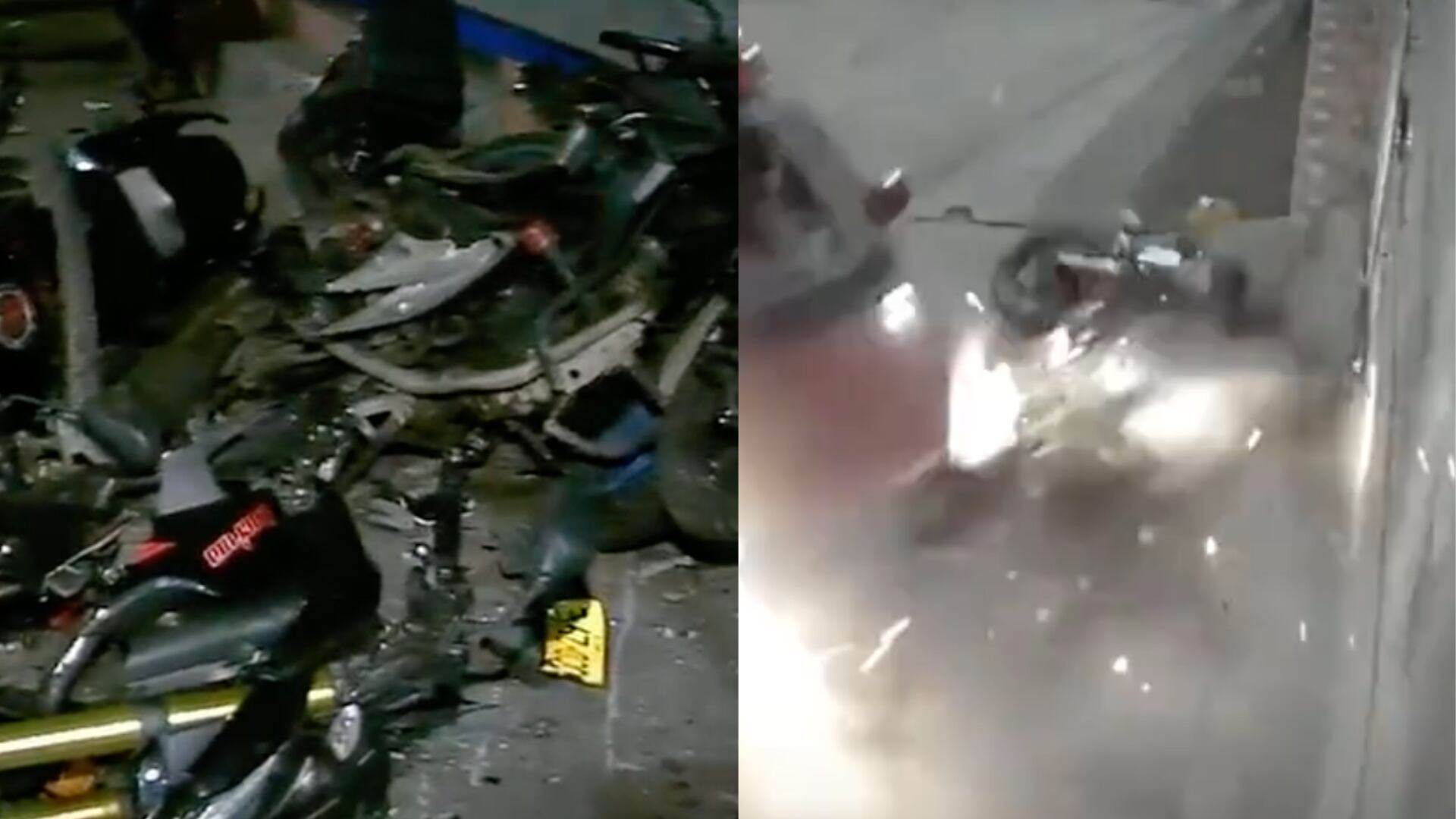 Cámara de seguridad grabó como por un hueco, vehículo terminó estrellando gravemente a varias motos