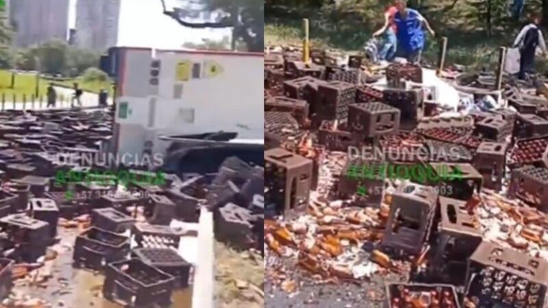 “Llovieron cervezas en Bello, Antioquia”: camión se volcó y varias personas intentaron llevarse las canastas