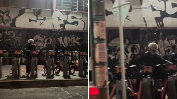 Habitante de calle montando bicicleta en Bogotá