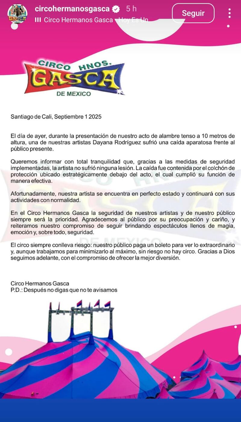 Comunicado Circo Hermanos Gasca, sobre lo sucedido en Cali