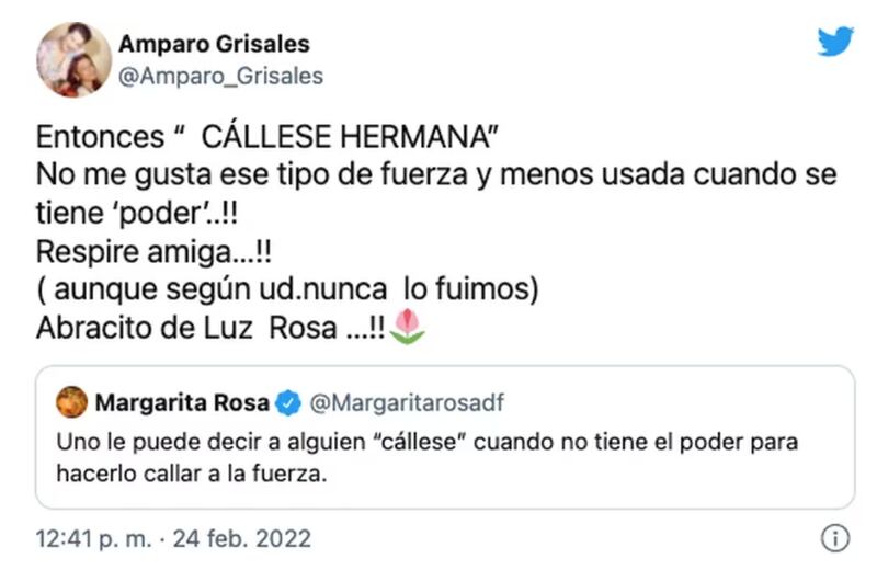 Amparo Grisales mandó a callar a Margarita Rosa de Francisco por un comentario en su cuenta de Twitter.