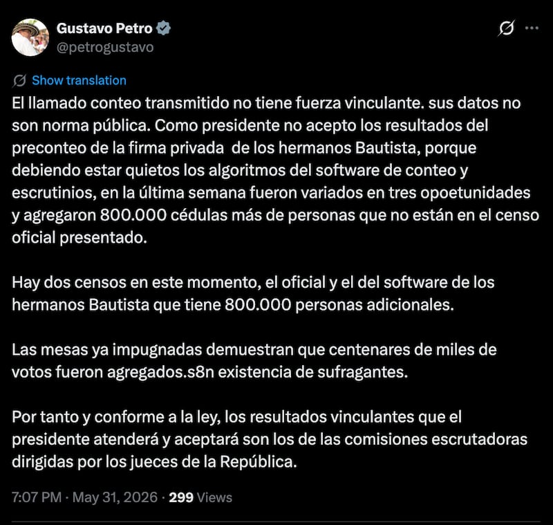Primeras reacciones de Petro tras segunda vuelta entre Abelardo De la Espriella e Iván Cepeda