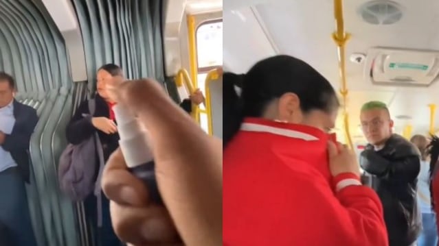 Foto del momento en que un influencer esparce malos olores en bus de Transmilenio.
