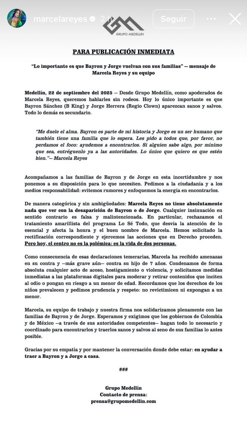 Foto comunicado de Marcela Reyes sobre caso de la desaparición de su expareja B King.
