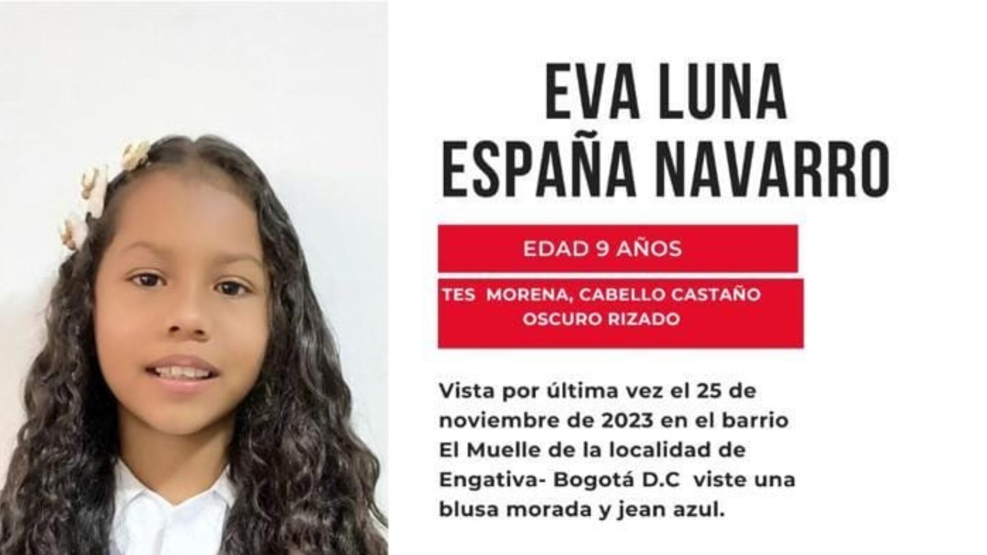 Eva Luna España Navarro, niña desaparecida en Bogotá
