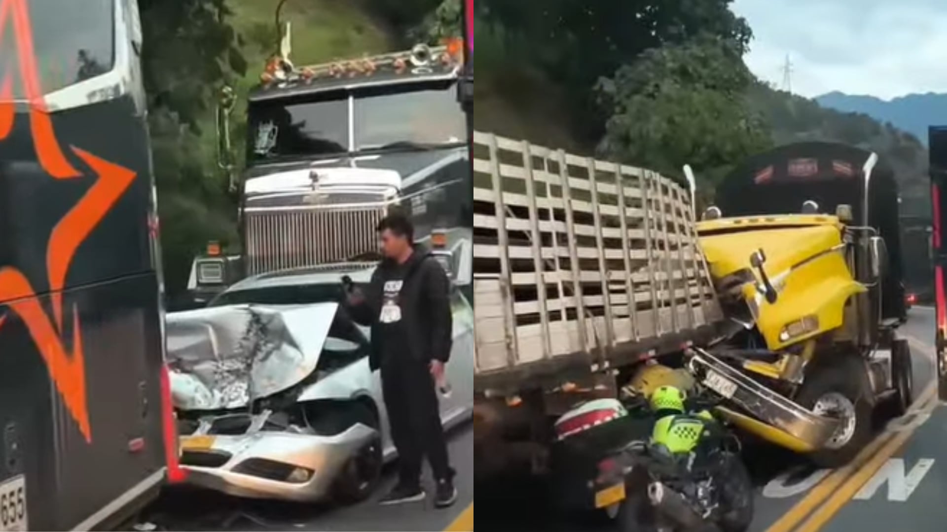 Grave accidente de tránsito en la vía Cajamarca - Ibagué: un bus, un carro y dos mulas quedaron destrozados