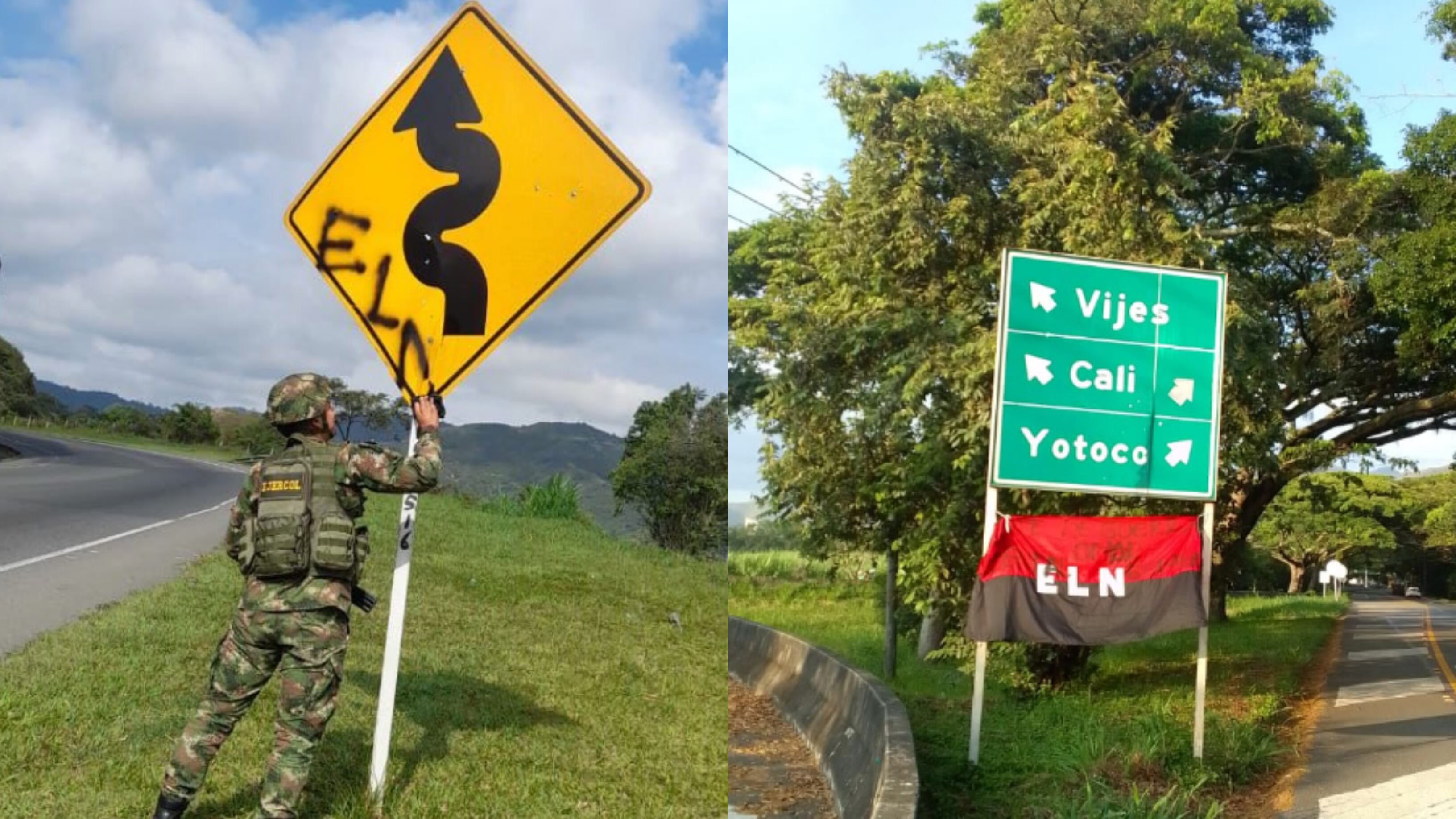 Miembros del Ejército quitando carteles del Eln en vías del Valle del Cauca