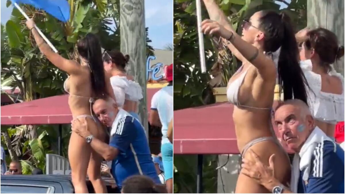 Abuelo argentino celebró emocionado, abrazando a chica que se sacó la ropa