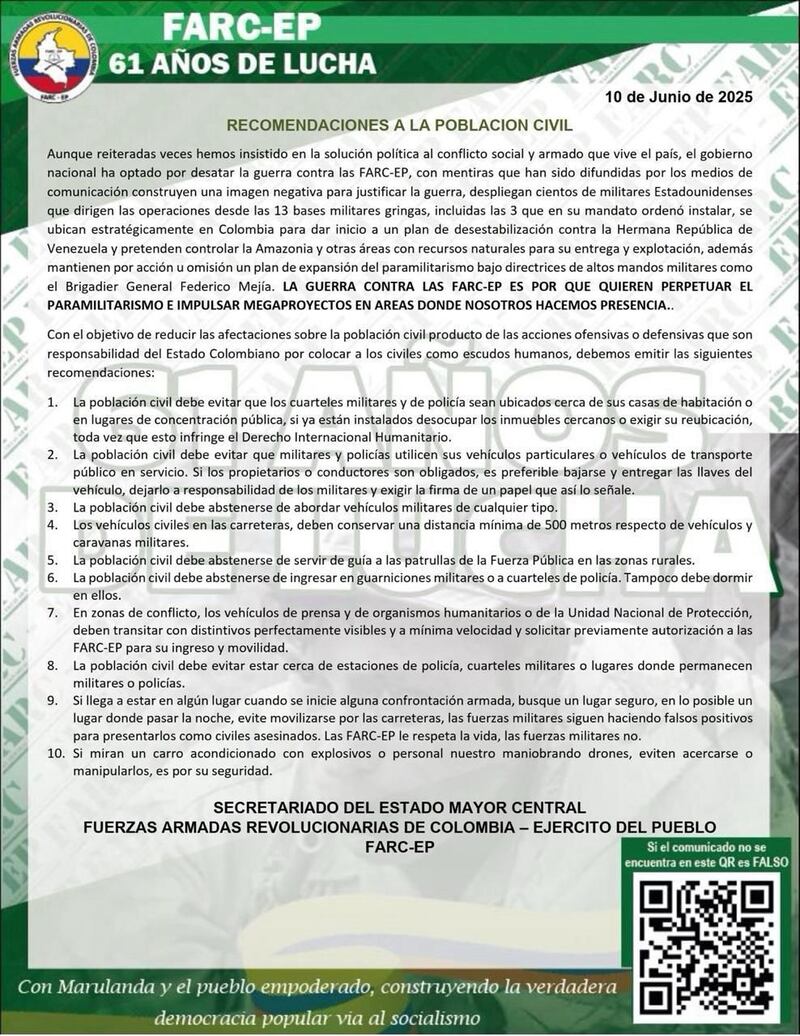 Panfleto Disidencias de las Farc