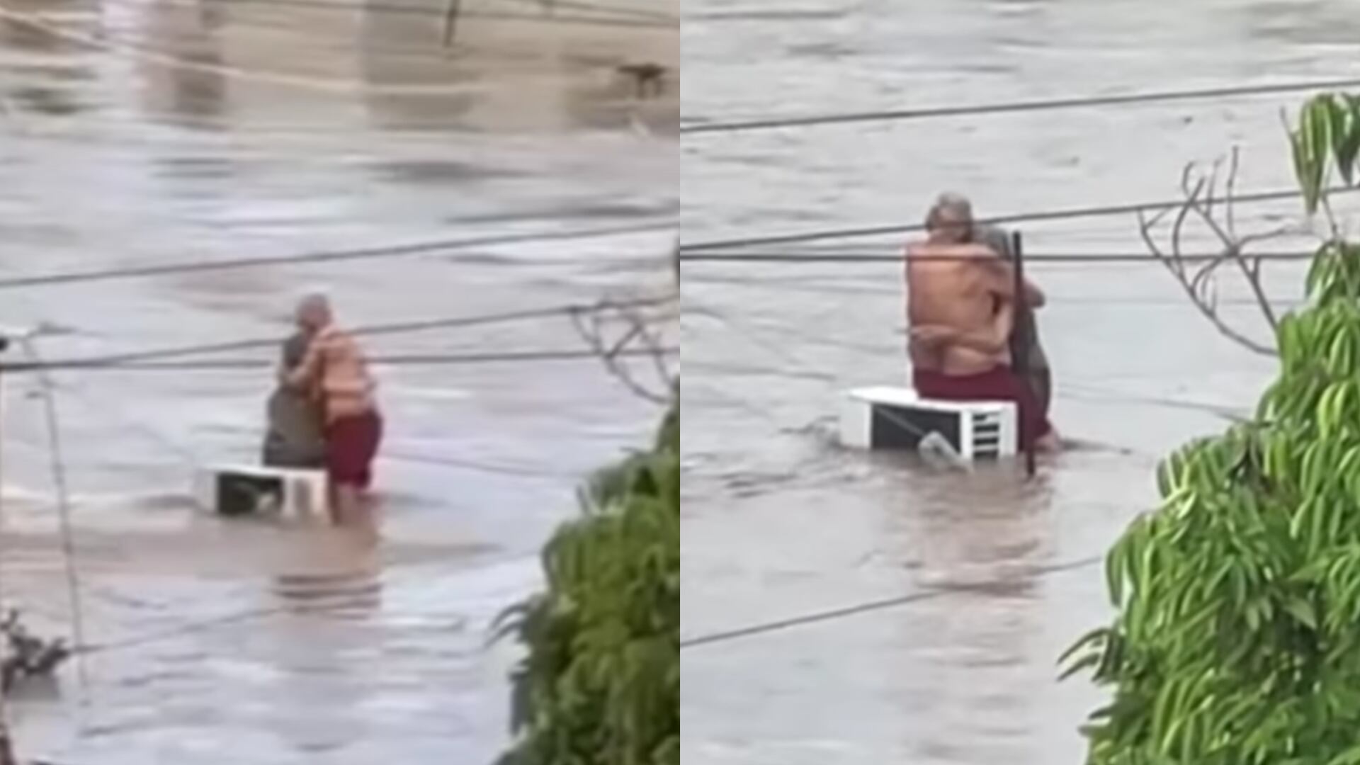 Adultos mayores se abrazan durante inundaciones en México - Fotos: Capturas de pantalla tomadas del video publicado por Milenio el 14 de octubre del 2025