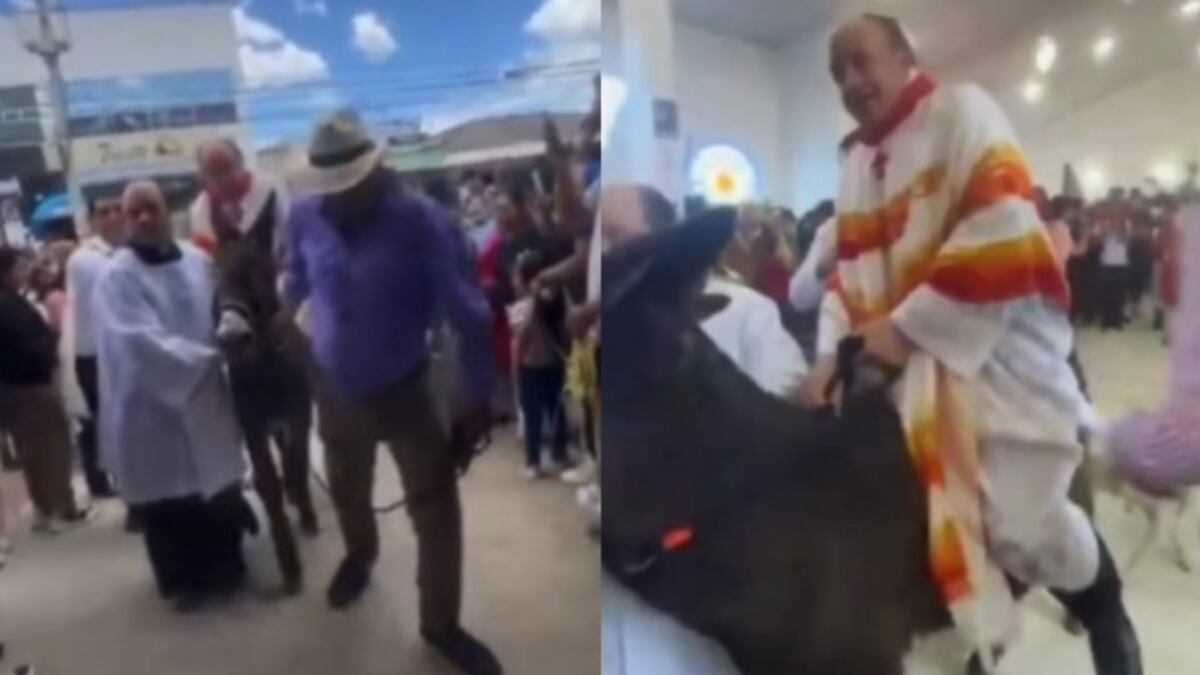 Foto de cura que entró a una iglesia sobre un burro maltratado para celebrar misa de Semana Santa en Zipaquirá .