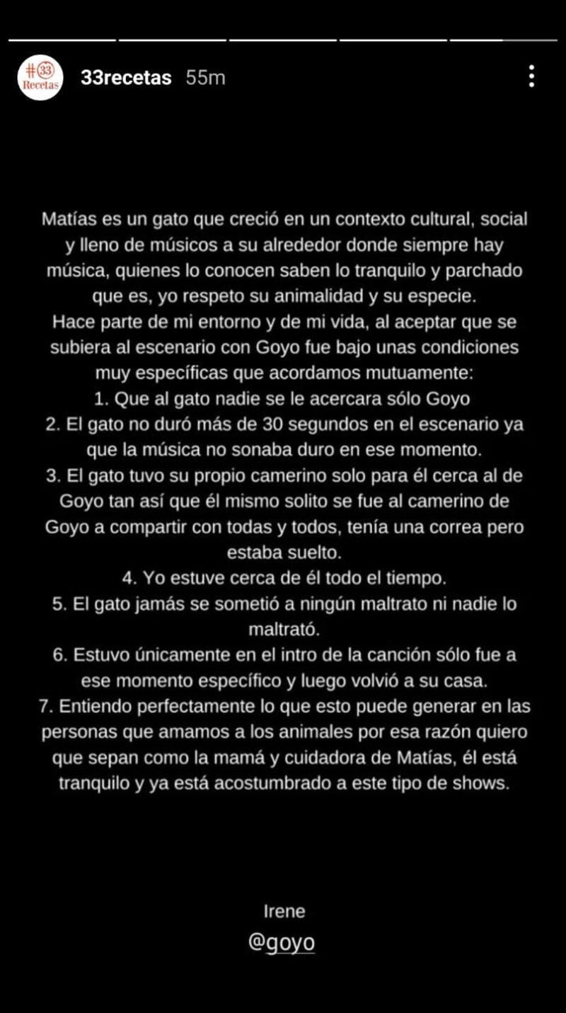Propietaria del gato que Goyo llevó a su show se pronunció sobre lo ocurrido // IG: @33recetas