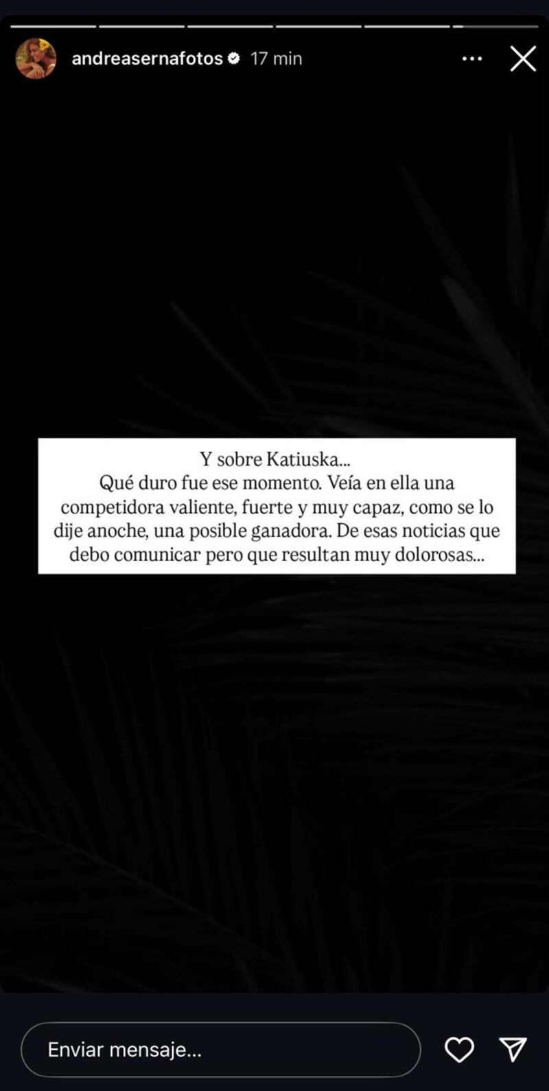 Andrea Serna menciona a Katiuska expulsada del Desafío