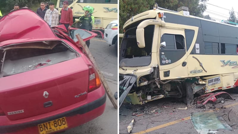 Fuerte choque entre bus y carro en Sibaté habría dejado varias personas heridas y los dos vehículos gravemente afectados