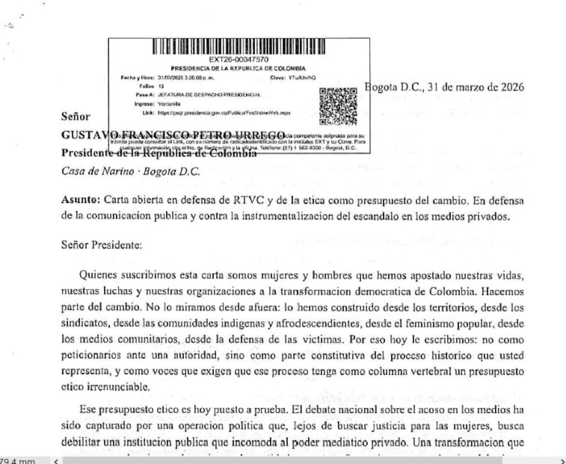 Foto carta a Gustavo Petro denuncia uso político del escándalo mediático y exige proteger RTVC.