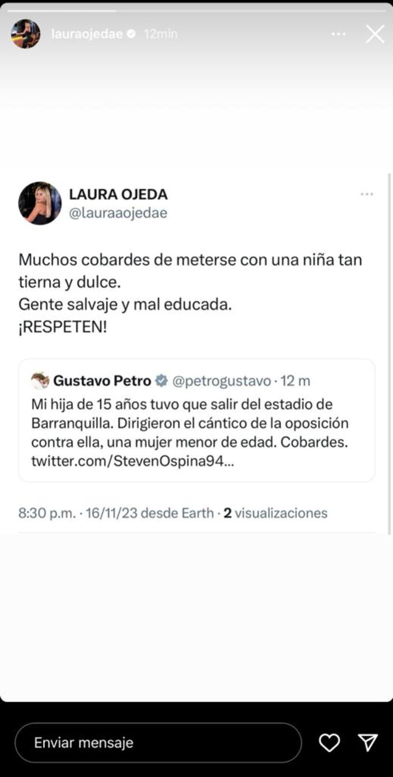 Laura Ojeda, pareja de Nicolás Petro salió en defensa del abucheo de su hermana en el estadio durante el partido de Colombia