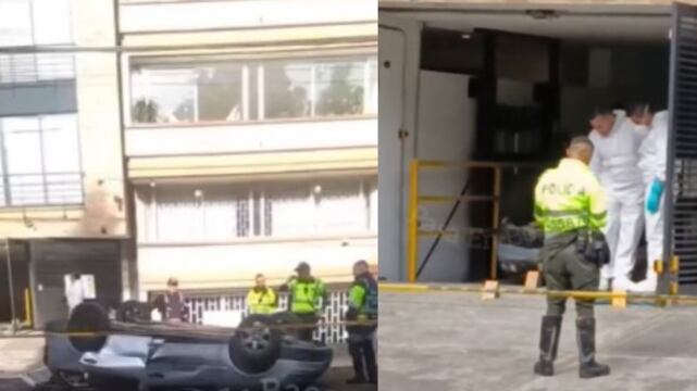 Foto con las llantas arriba así quedó carro que cayó de ascensor vehícular en Bogotá, el conductor murió en los hechos.