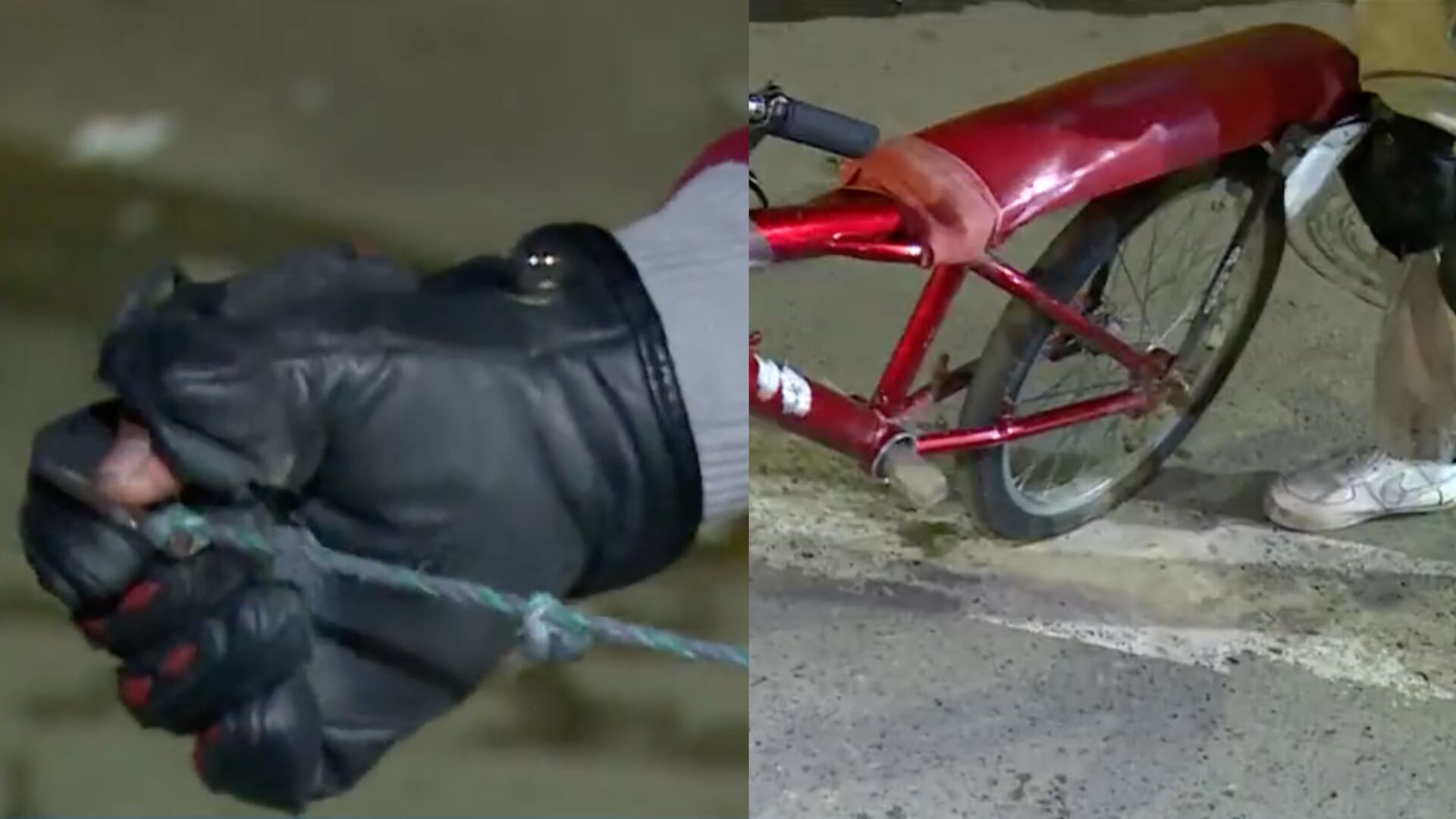 De una frágil cuerda y a toda velocidad, así se cuelgan jóvenes de su bicicleta a buses del SITP