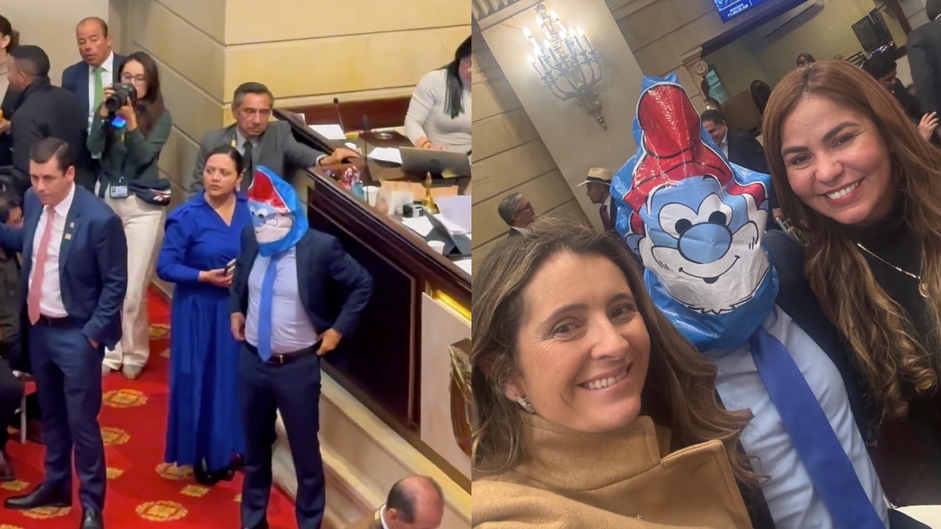 Representante a la Cámara, Jose Jaime Uscátegui con máscara de Papá Pitufo.