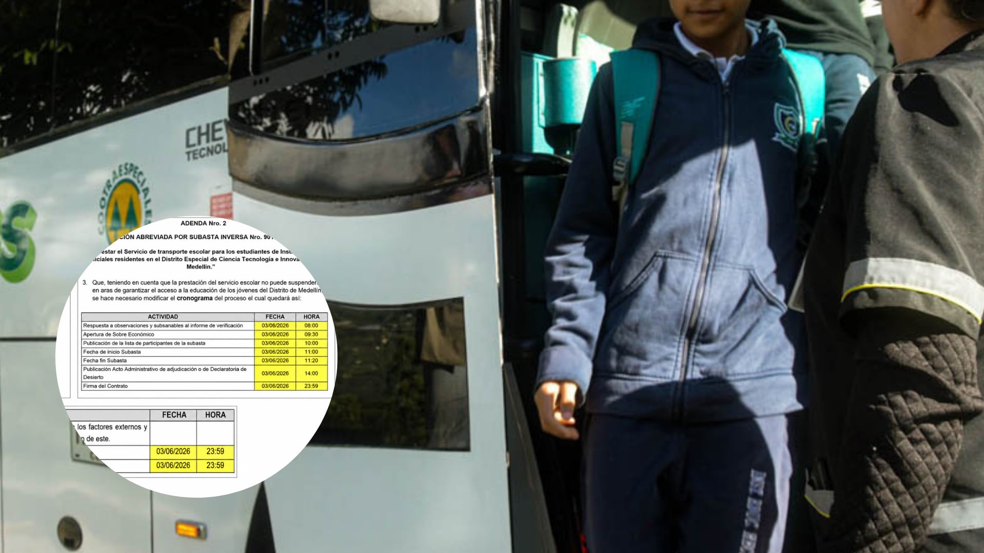Cronograma para la adjudicación del contrato de transporte escolar de Medellín.