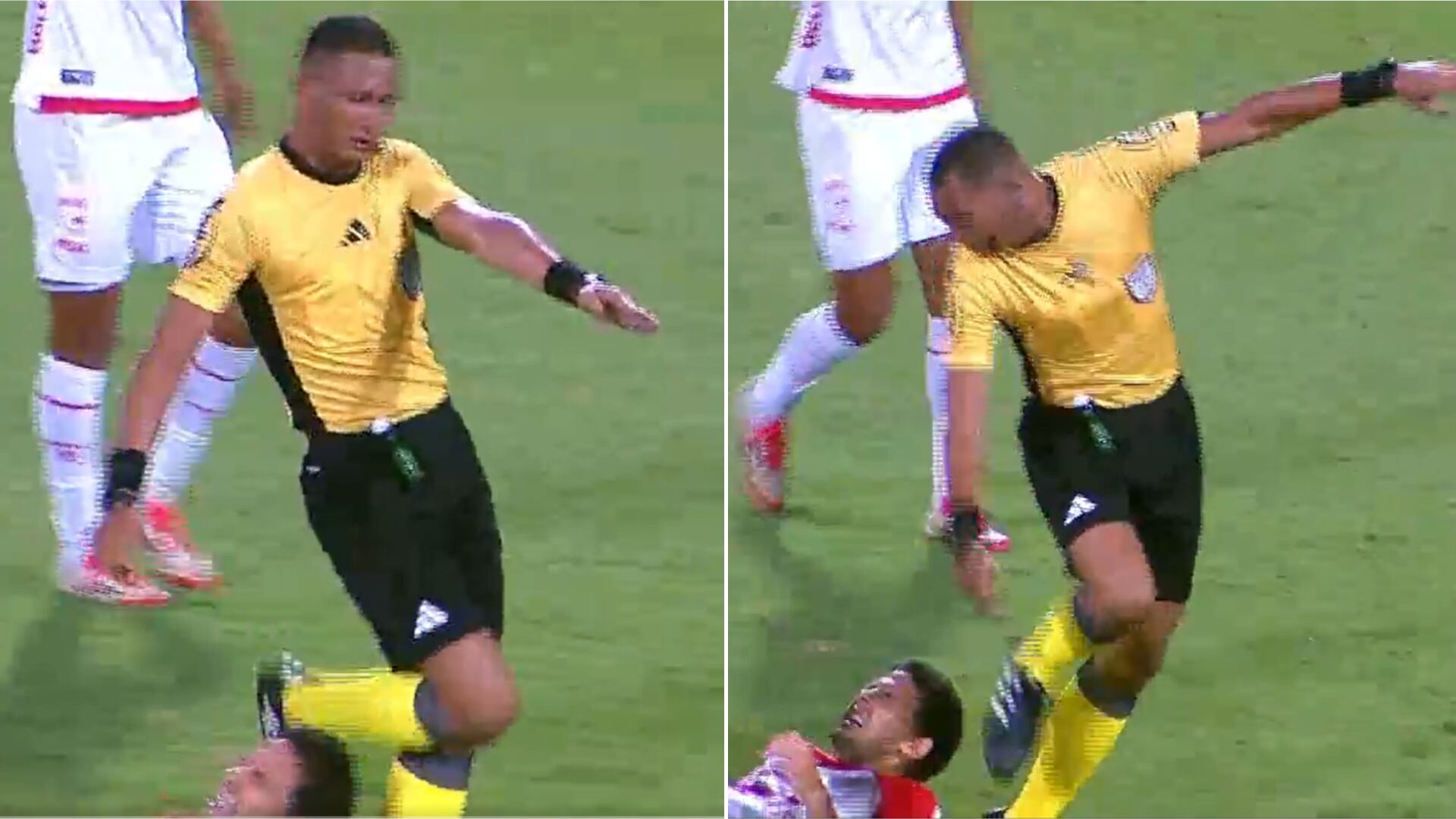 Árbitro se tropezó con la cabeza de un futbolista de Santa Fe y por poco termina en el suelo