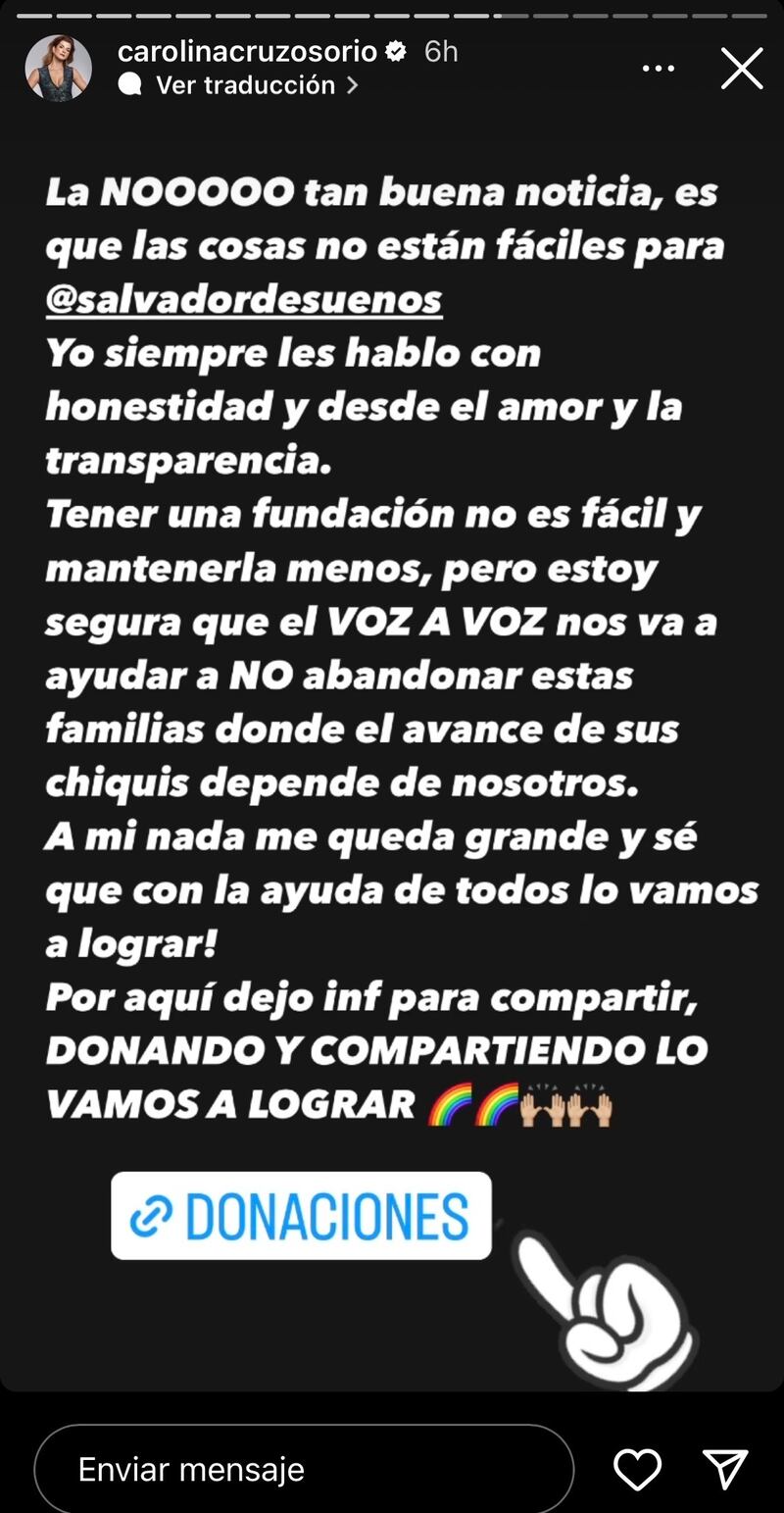 Carolina Cruz pidió ayuda para su fundación salvador de sueños que no está en el mejor momento