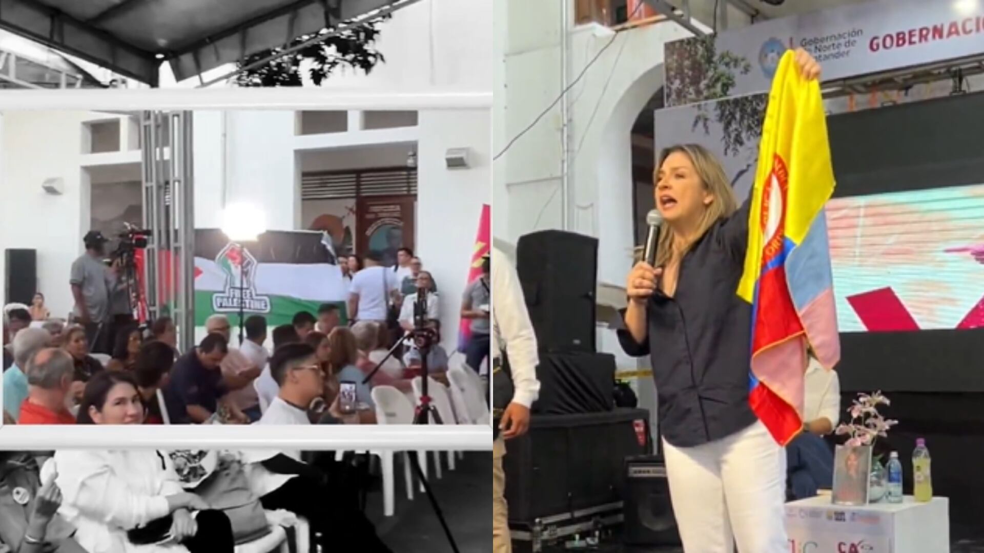 Vicky Dávila calificó de "agresión" la presencia de una bandera de Palestina durante un evento de campaña.