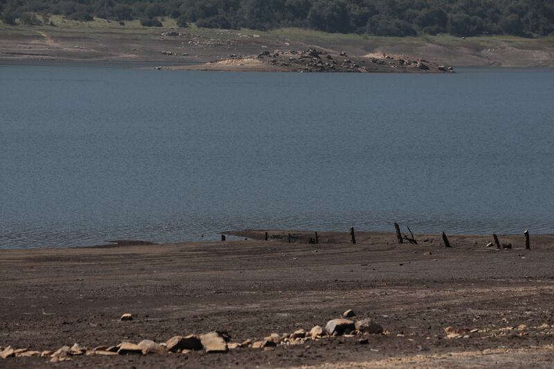 Detalle del bajo nivel de agua en el Embalse de San Rafael, en el municipio de La Calera, Cundinamarca, durante el ‘Fenómeno del Niño’ en abril de 2024