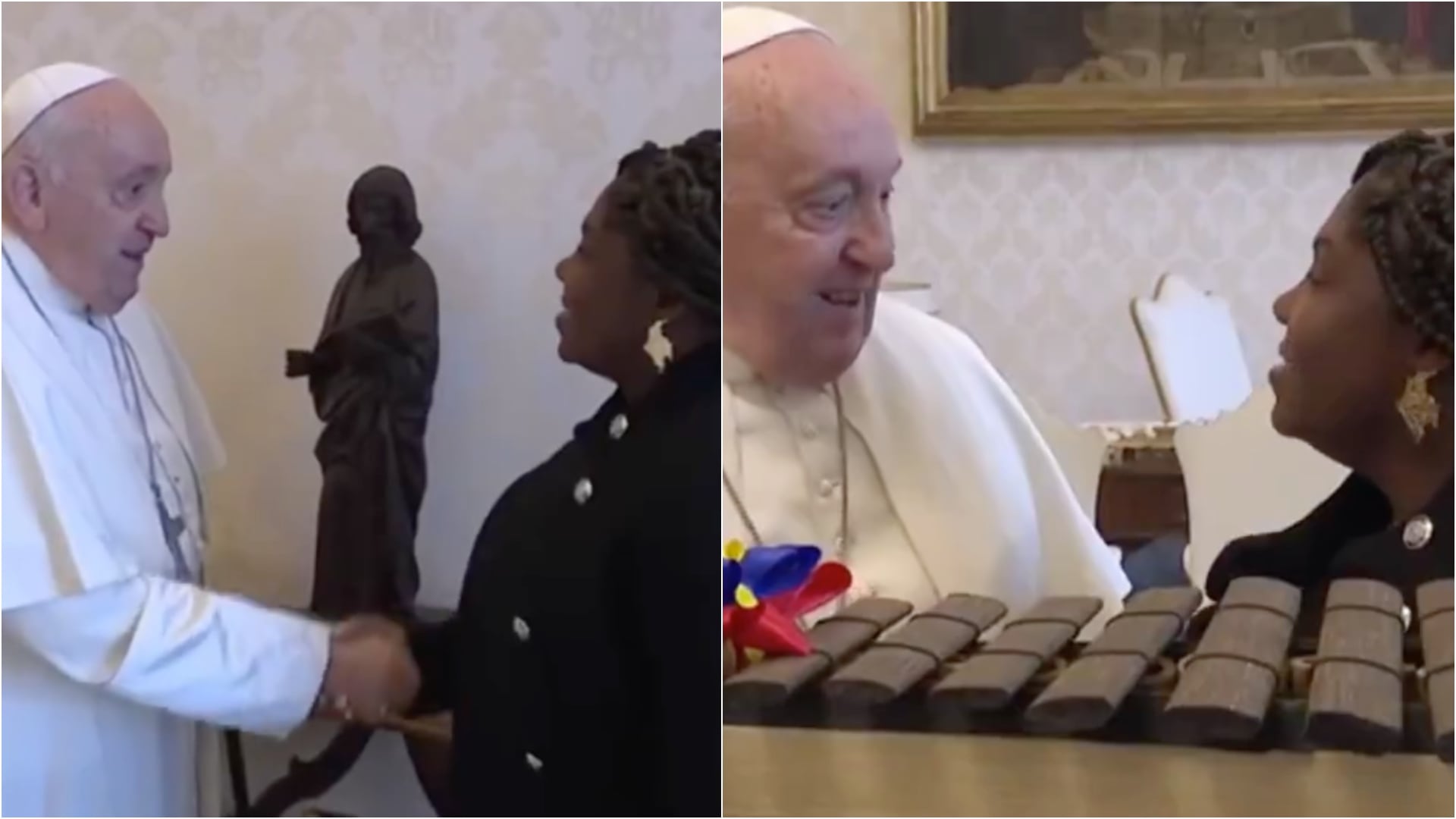 Francia Márquez le regaló una marimba al papa Francisco durante su encuentro en el Vaticano, ¿de qué hablaron? (Redes sociales de Francia Márquez)