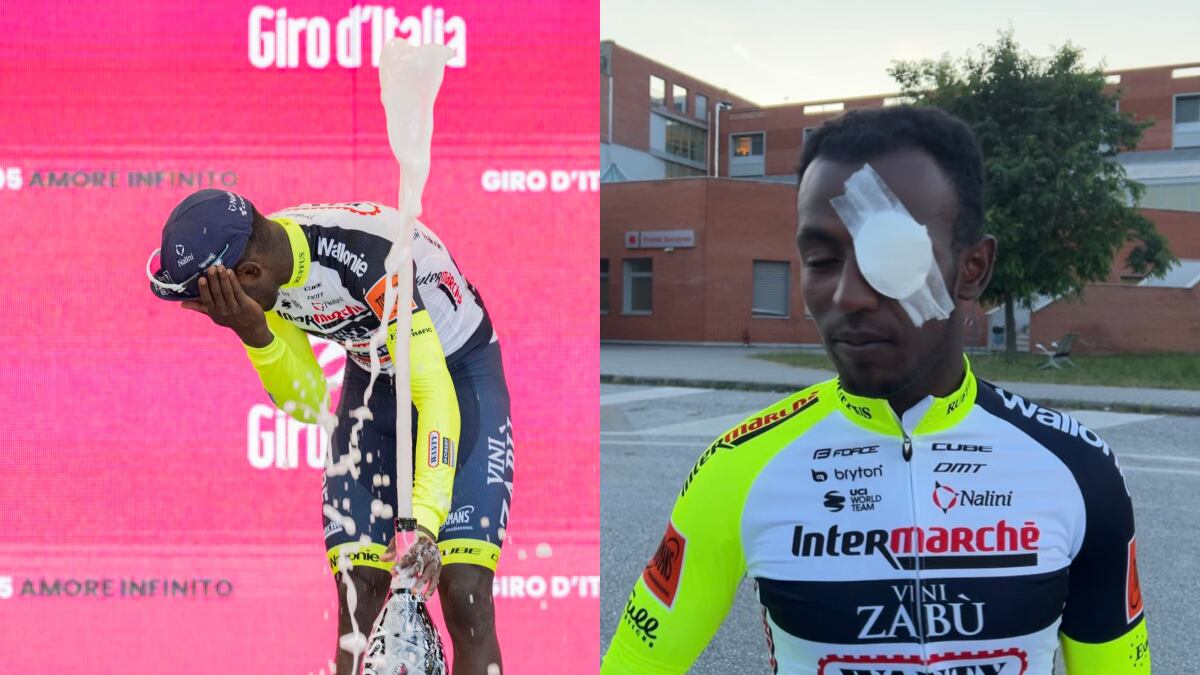 Girmay, cerca de decir adiós al Giro por el fuerte golpe en su ojo con el corcho