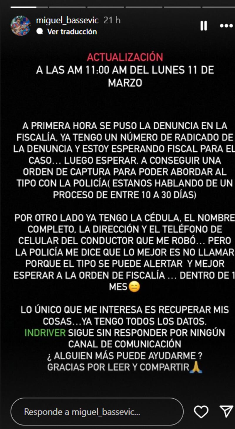 Robo a músico en Bogotá, por parte de conductor de Indriver