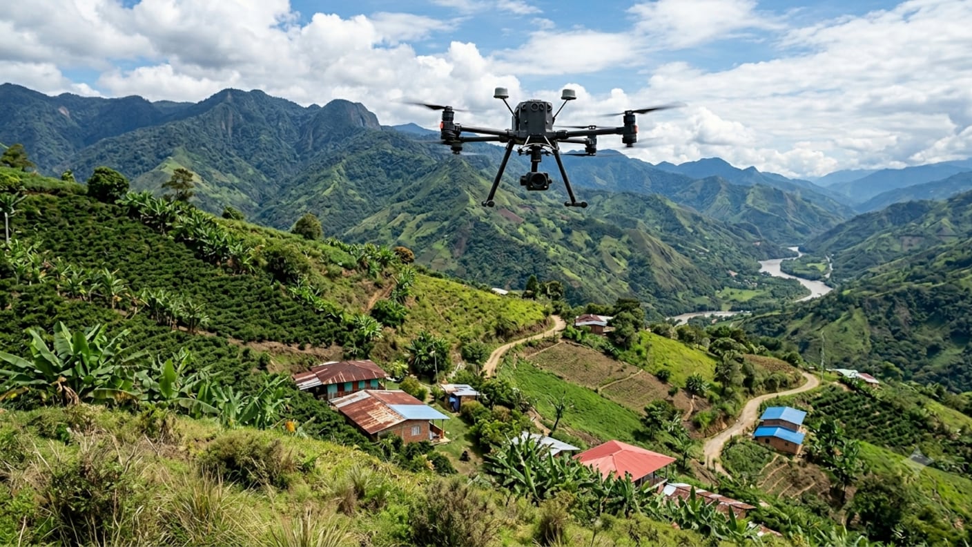 Imagen de referencia de un dron sobrevolando el municipio de Suárez, Cauca