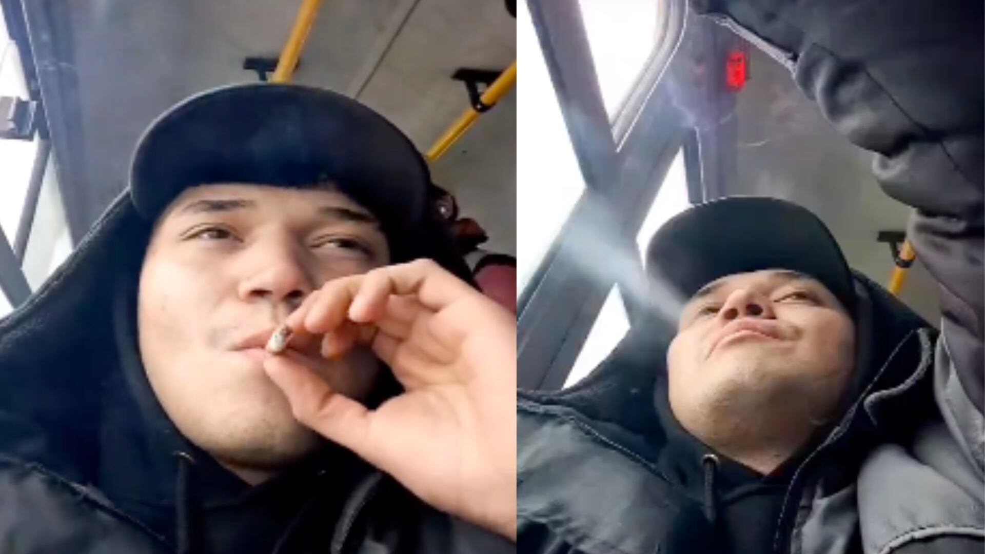 Se grabó fumando dentro de un bus y amenazó al conductor de golpearlo por pedirle que se bajara