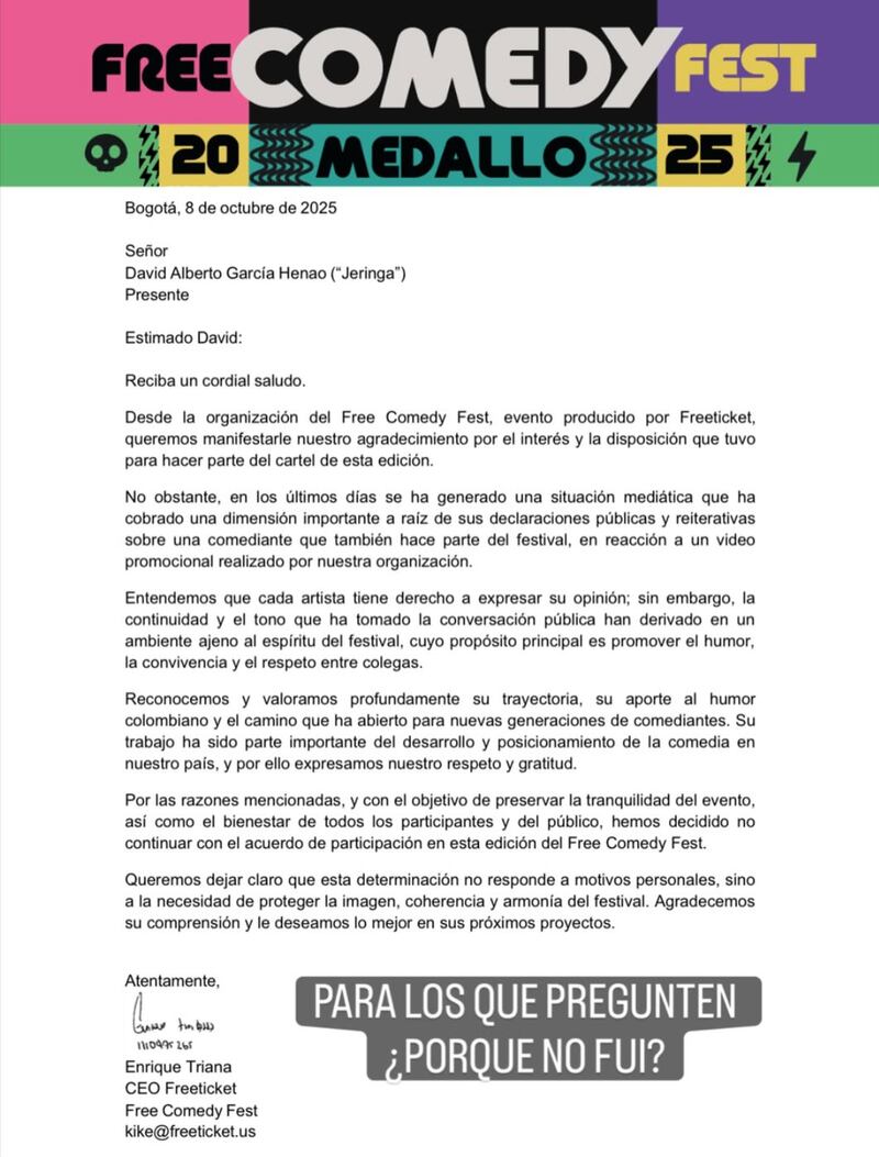 Comunicado Free Comedy Fest hacia Jeringa