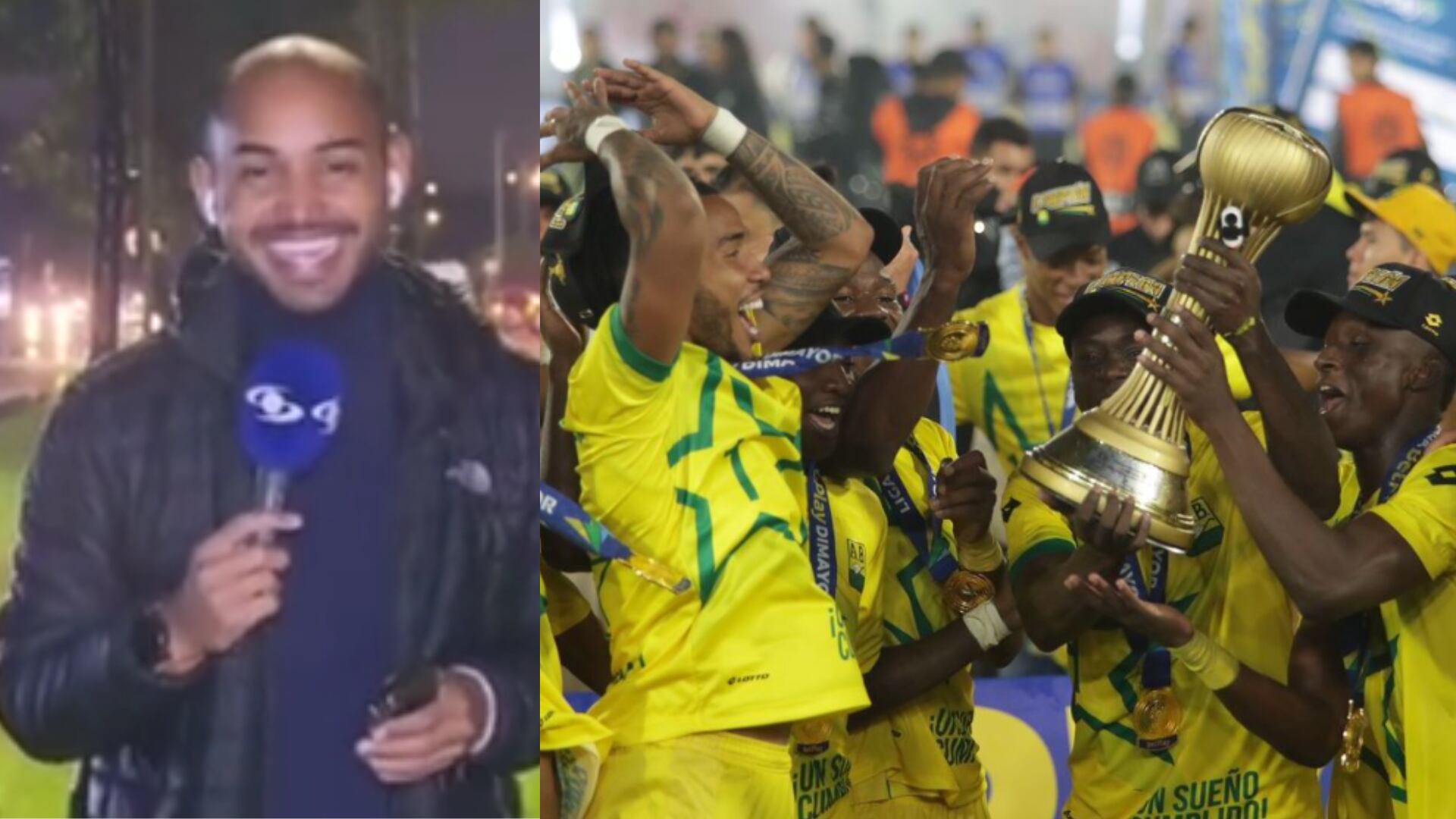 Periodista de Noticias Caracol sufrió jocoso percance en vivo tras la victoria del Bucaramanga en Bogotá