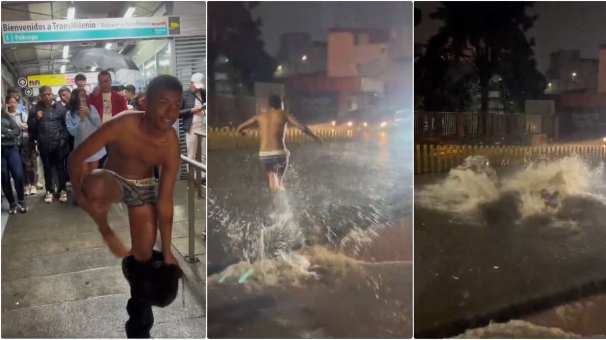 Inundación en Bogotá fue tal que un joven se dio un chapuzón en carril de TransMilenio